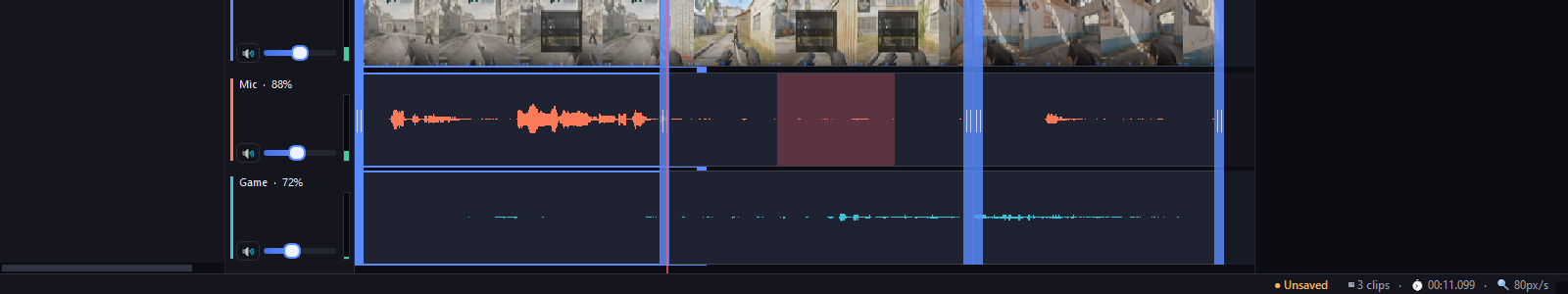 Separate mic and game audio tracks with faders, VU meters and a mic-mute region