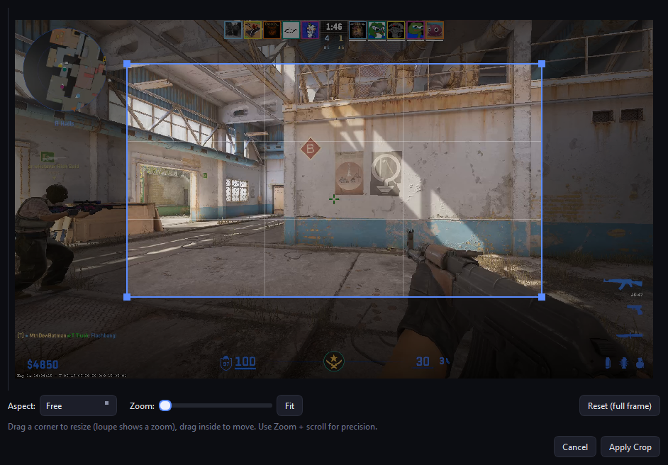 Interactive crop tool with aspect presets over a gameplay frame