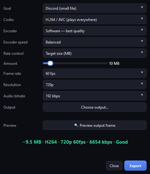 Export dialog predicting a 9.5 MB, 720p 60fps clip rated Good