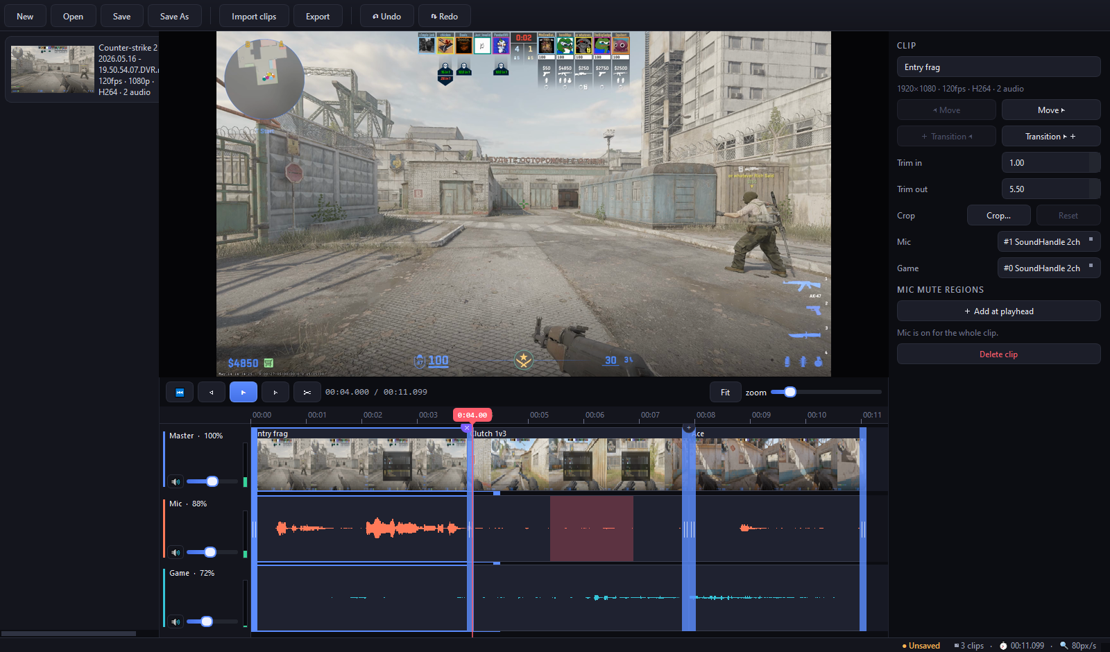 ClipForge editing three Counter-Strike clips on a multi-track timeline